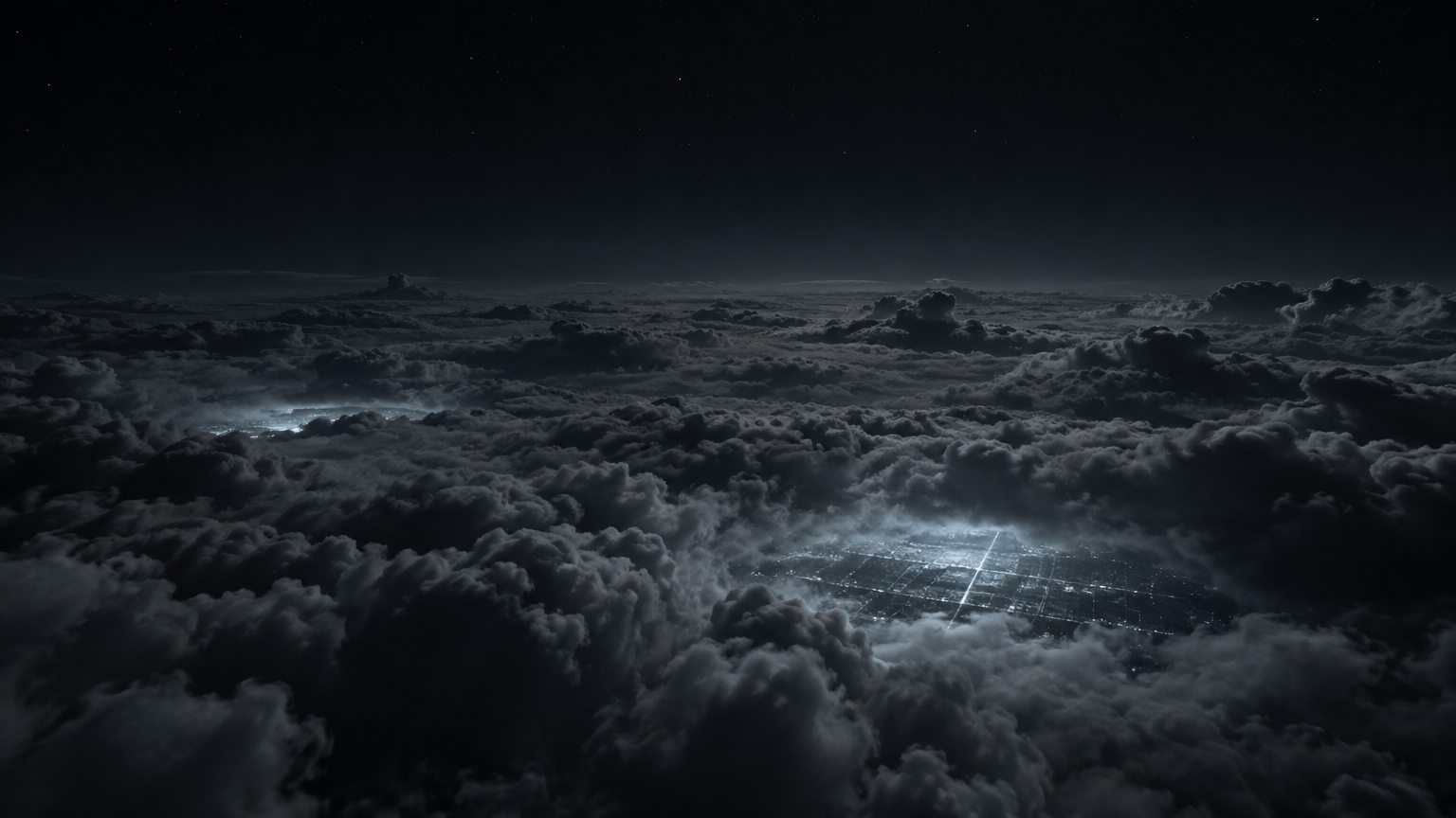 A night cloud deck seen from above, lit from below by a hidden grid of light